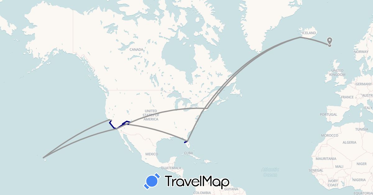 TravelMap itinerary: driving, plane in Faroe Islands, Iceland, United States (Europe, North America)
