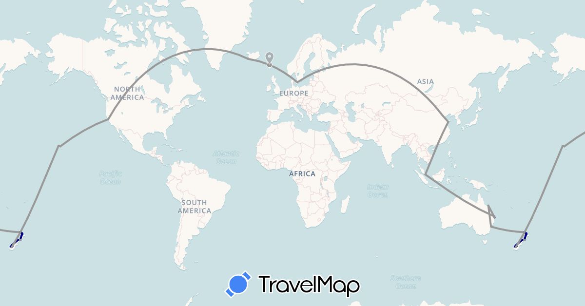 TravelMap itinerary: driving, plane in Australia, China, Denmark, Faroe Islands, Iceland, New Zealand, Singapore, United States (Asia, Europe, North America, Oceania)