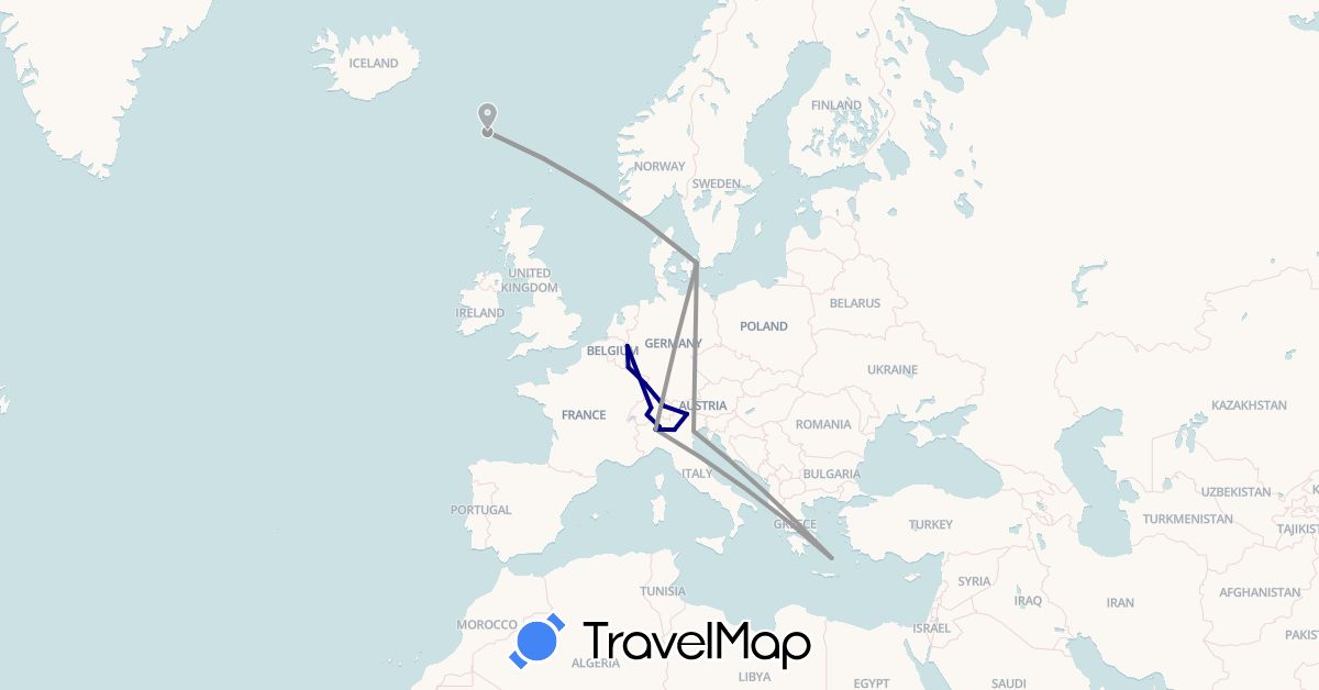 TravelMap itinerary: driving, plane in Switzerland, Denmark, Faroe Islands, France, Greece, Italy, Liechtenstein, Luxembourg, Netherlands (Europe)